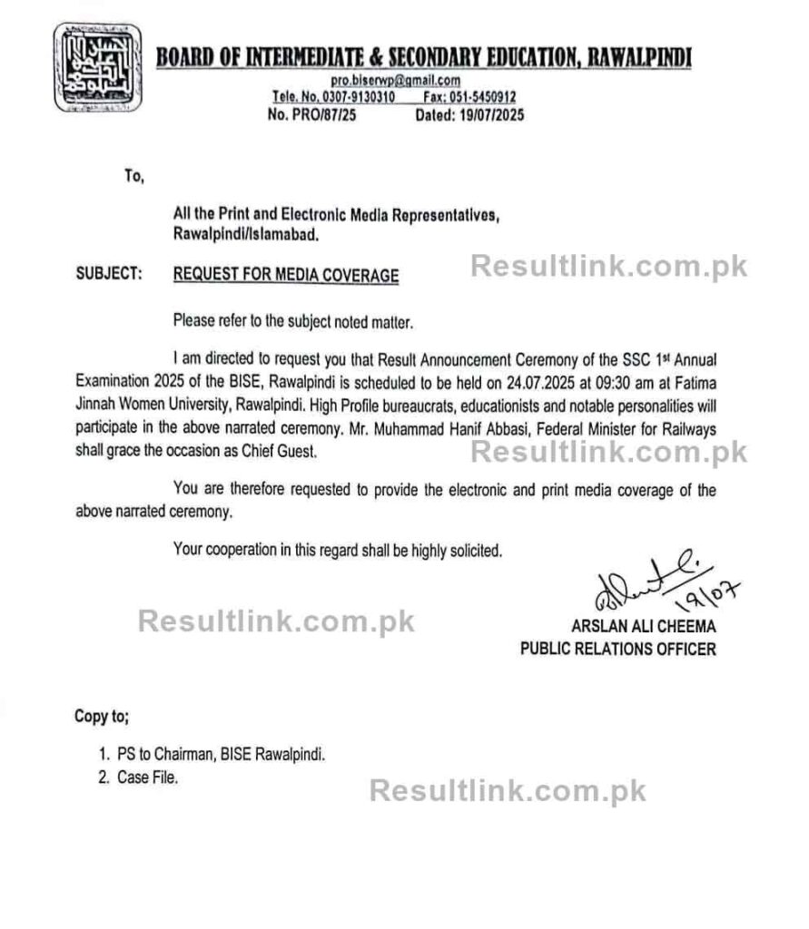 BISE Rawalpindi result 10th notificiation